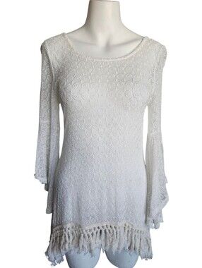 Gypsy Junkies White Eyelet Bell Sleeve Tassel Hem Open Criss Cross Back Boho Sm